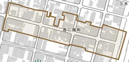 西二階町とその周辺の地図。町の範囲を重ねている