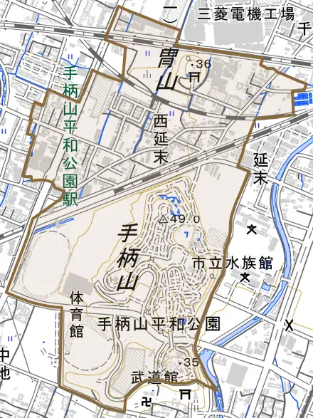 西延末とその周辺の地図。町の範囲を重ねている
