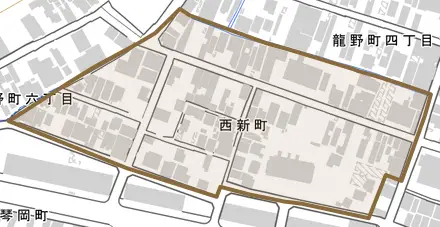 西新町とその周辺の地図。町の範囲を重ねている