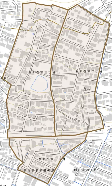 西新在家とその周辺の地図。町の範囲を重ねている