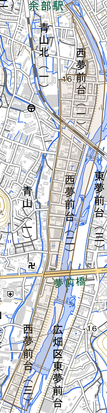 西夢前台とその周辺の地図。町の範囲を重ねている