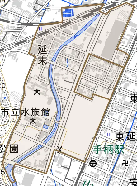 延末とその周辺の地図。町の範囲を重ねている