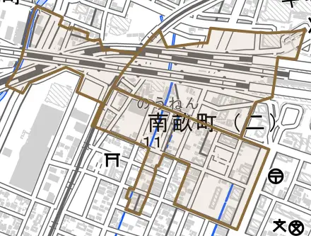 南畝町とその周辺の地図。町の範囲を重ねている