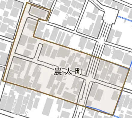 農人町とその周辺の地図。町の範囲を重ねている