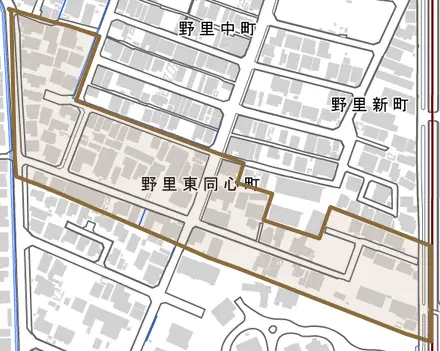 野里東同心町とその周辺の地図。町の範囲を重ねている
