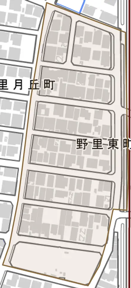 野里東町とその周辺の地図。町の範囲を重ねている