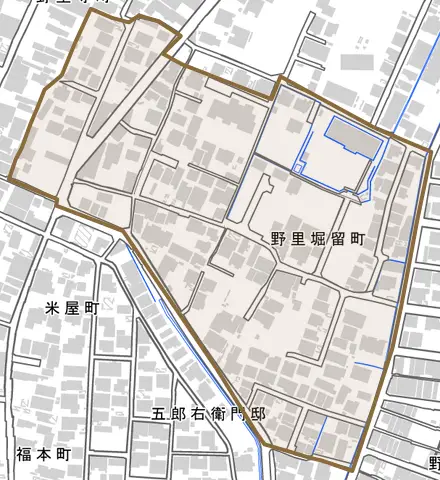 野里堀留町とその周辺の地図。町の範囲を重ねている
