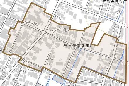 野里慶雲寺前町とその周辺の地図。町の範囲を重ねている