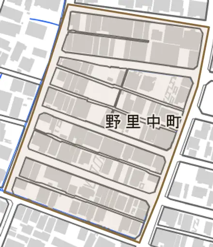 野里中町とその周辺の地図。町の範囲を重ねている