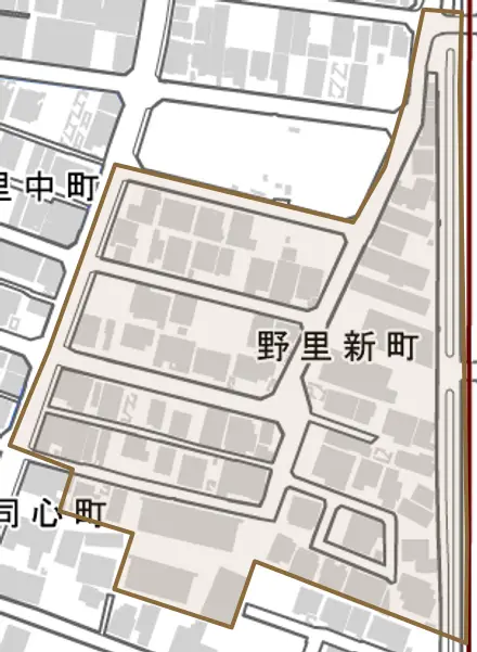 野里新町とその周辺の地図。町の範囲を重ねている
