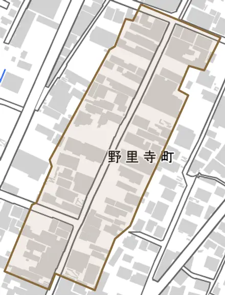 野里寺町とその周辺の地図。町の範囲を重ねている
