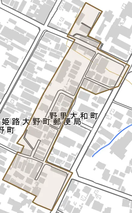 野里大和町とその周辺の地図。町の範囲を重ねている