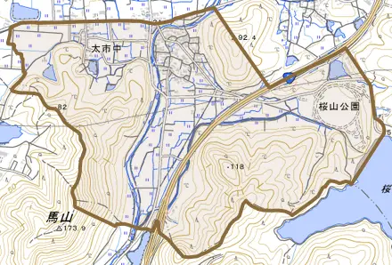 太市中とその周辺の地図。町の範囲を重ねている