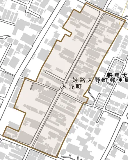 大野町とその周辺の地図。町の範囲を重ねている