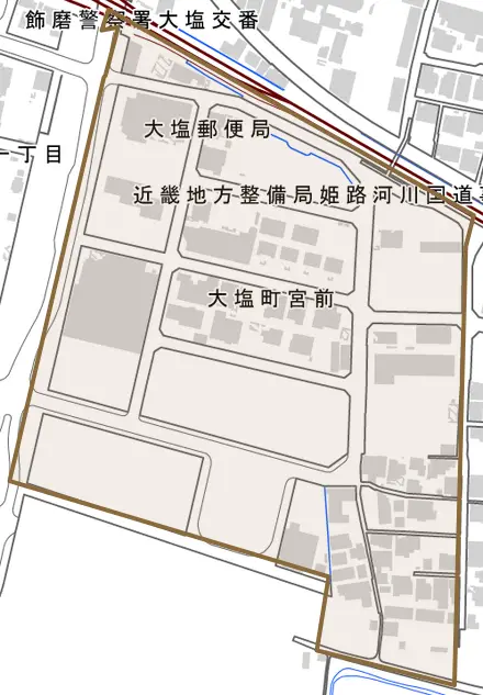 大塩町宮前とその周辺の地図。町の範囲を重ねている