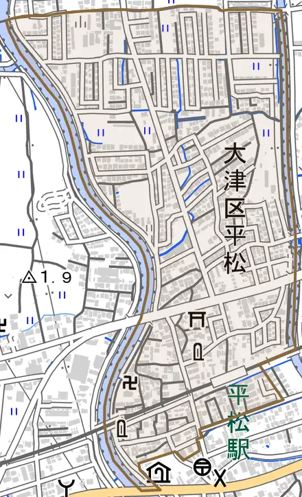 大津区平松とその周辺の地図。町の範囲を重ねている