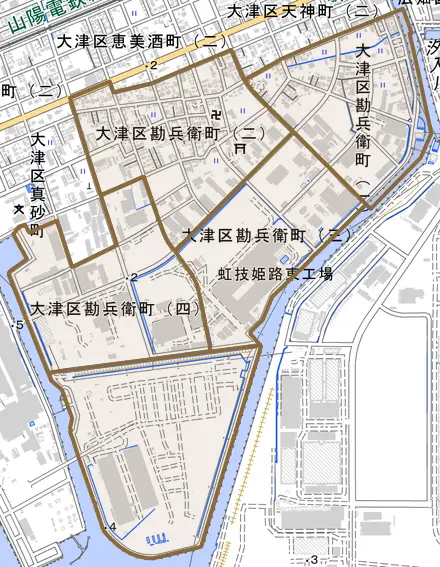 大津区勘兵衛町とその周辺の地図。町の範囲を重ねている