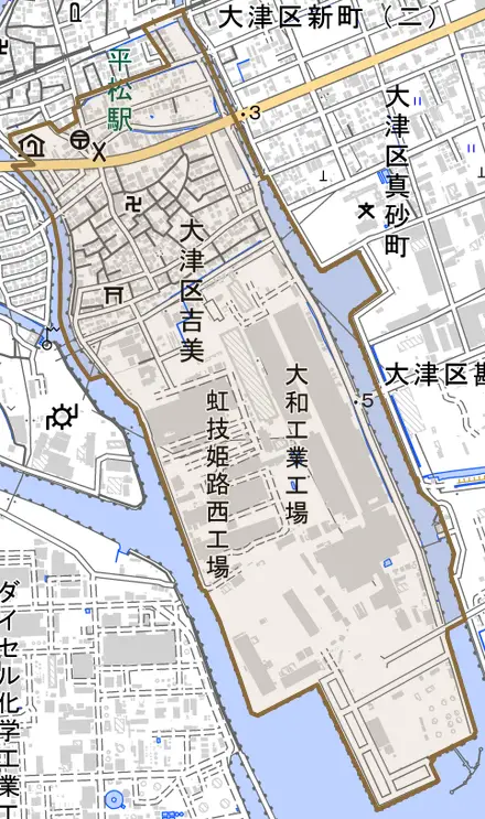 大津区吉美とその周辺の地図。町の範囲を重ねている
