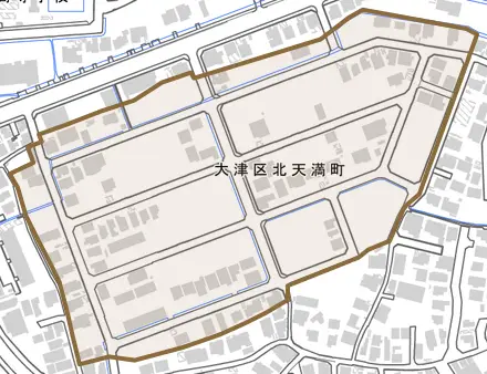 大津区北天満町とその周辺の地図。町の範囲を重ねている