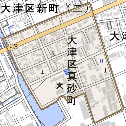 大津区真砂町とその周辺の地図。町の範囲を重ねている