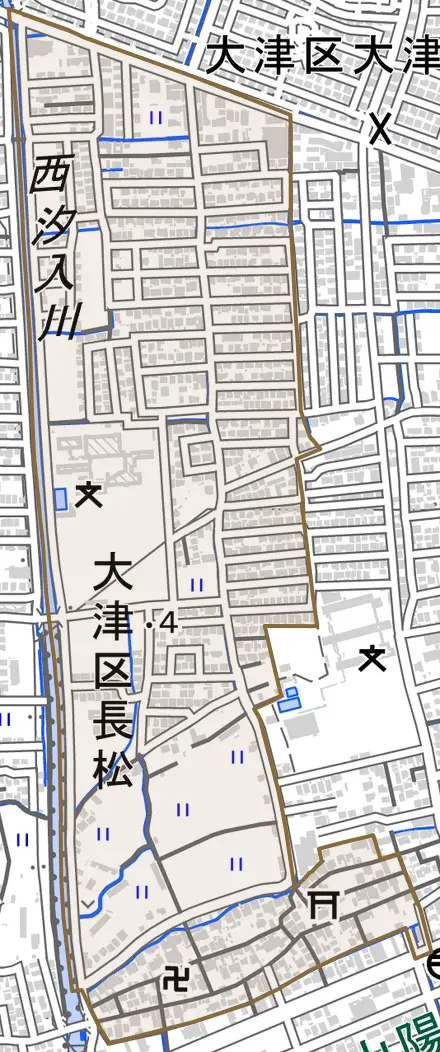 大津区長松とその周辺の地図。町の範囲を重ねている