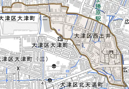 大津区西土井とその周辺の地図。町の範囲を重ねている