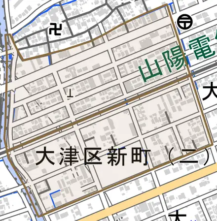 大津区新町とその周辺の地図。町の範囲を重ねている