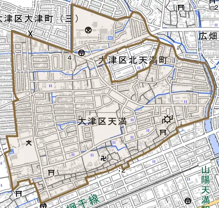 大津区天満とその周辺の地図。町の範囲を重ねている
