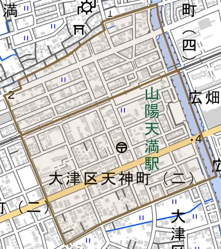 大津区天神町とその周辺の地図。町の範囲を重ねている