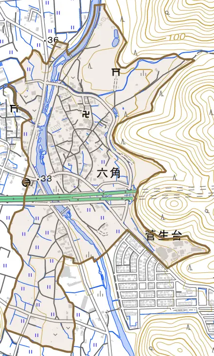 六角とその周辺の地図。町の範囲を重ねている