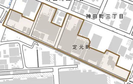 定元町とその周辺の地図。町の範囲を重ねている