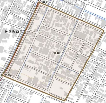 幸町とその周辺の地図。町の範囲を重ねている
