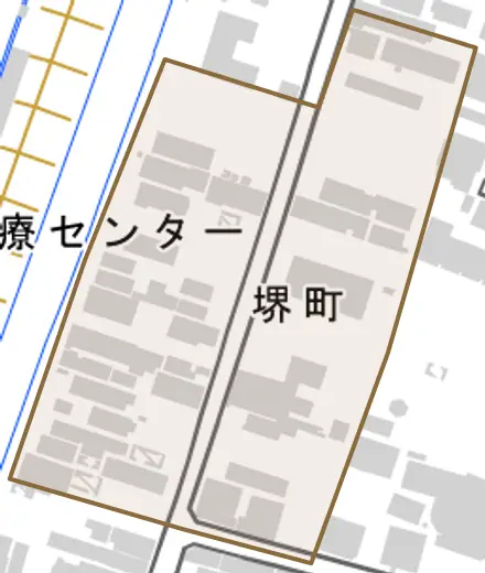 堺町とその周辺の地図。町の範囲を重ねている