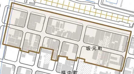 坂元町とその周辺の地図。町の範囲を重ねている