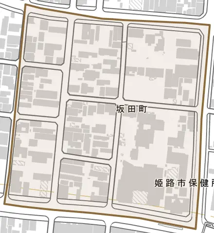 坂田町とその周辺の地図。町の範囲を重ねている