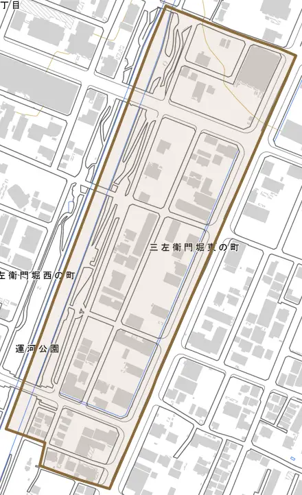 三左衛門堀東の町とその周辺の地図。町の範囲を重ねている