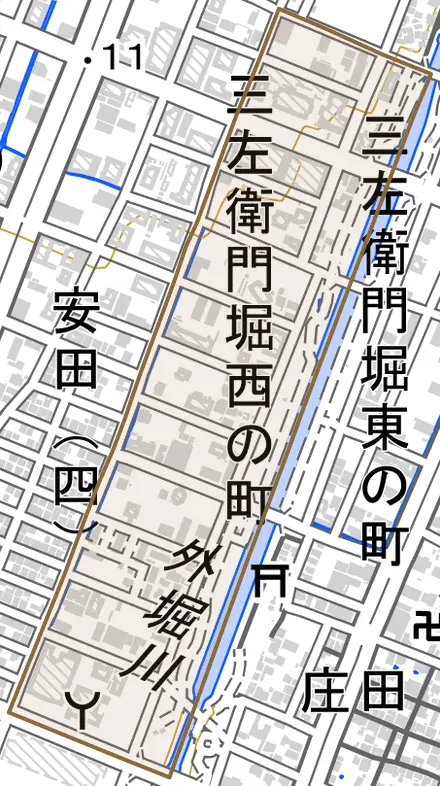 三左衛門堀西の町とその周辺の地図。町の範囲を重ねている