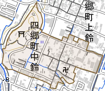 四郷町中鈴とその周辺の地図。町の範囲を重ねている