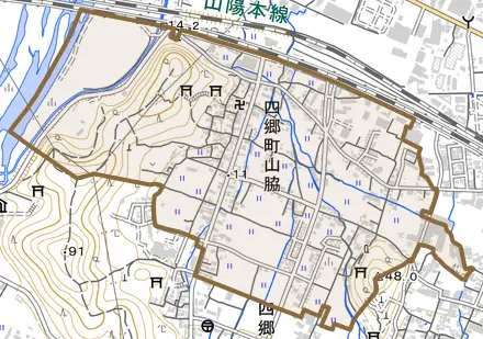 四郷町山脇とその周辺の地図。町の範囲を重ねている