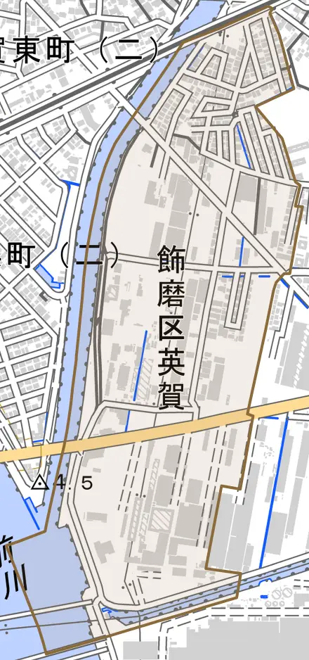 飾磨区英賀とその周辺の地図。町の範囲を重ねている