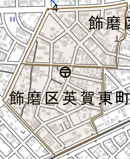 飾磨区英賀東町とその周辺の地図。町の範囲を重ねている