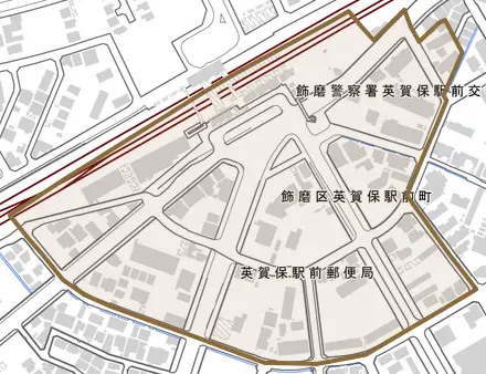 飾磨区英賀保駅前町とその周辺の地図。町の範囲を重ねている