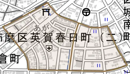 飾磨区英賀春日町とその周辺の地図。町の範囲を重ねている