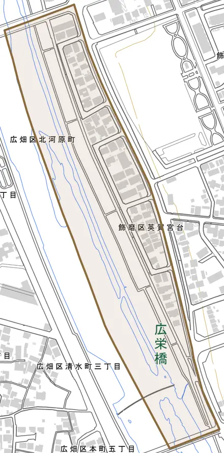 飾磨区英賀宮台とその周辺の地図。町の範囲を重ねている