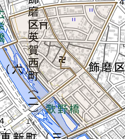 飾磨区英賀西町とその周辺の地図。町の範囲を重ねている