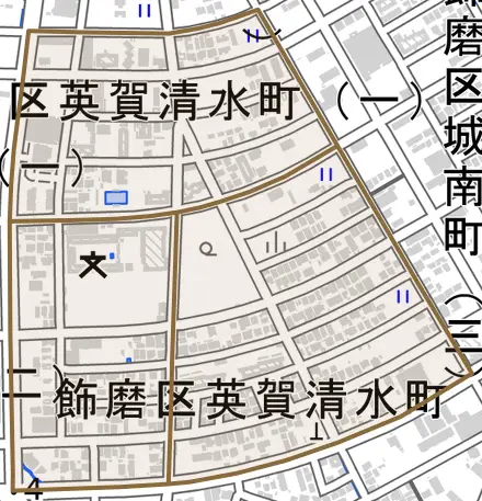 飾磨区英賀清水町とその周辺の地図。町の範囲を重ねている