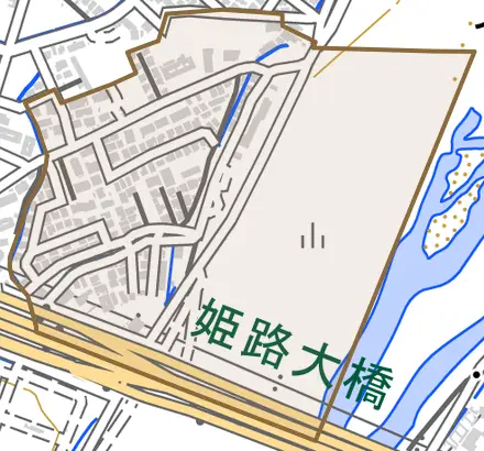 飾磨区阿成とその周辺の地図。町の範囲を重ねている