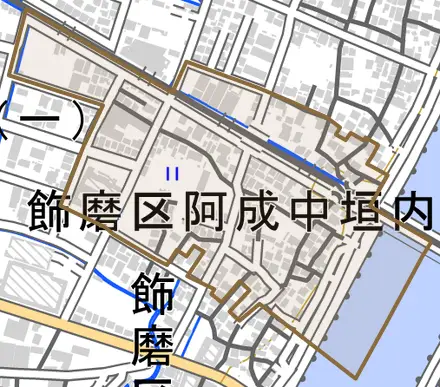 飾磨区阿成中垣内とその周辺の地図。町の範囲を重ねている