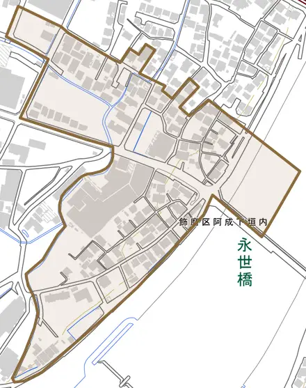飾磨区阿成下垣内とその周辺の地図。町の範囲を重ねている