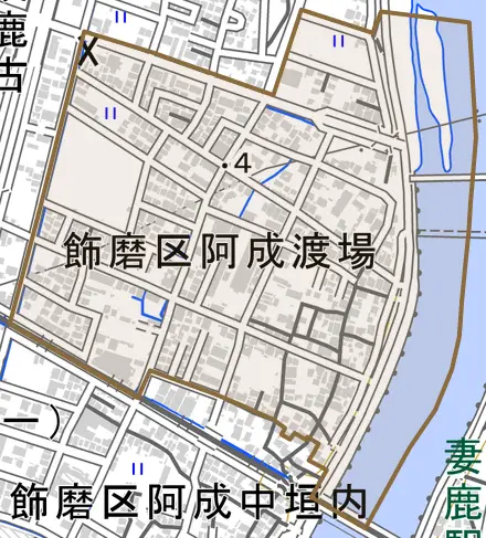 飾磨区阿成渡場とその周辺の地図。町の範囲を重ねている